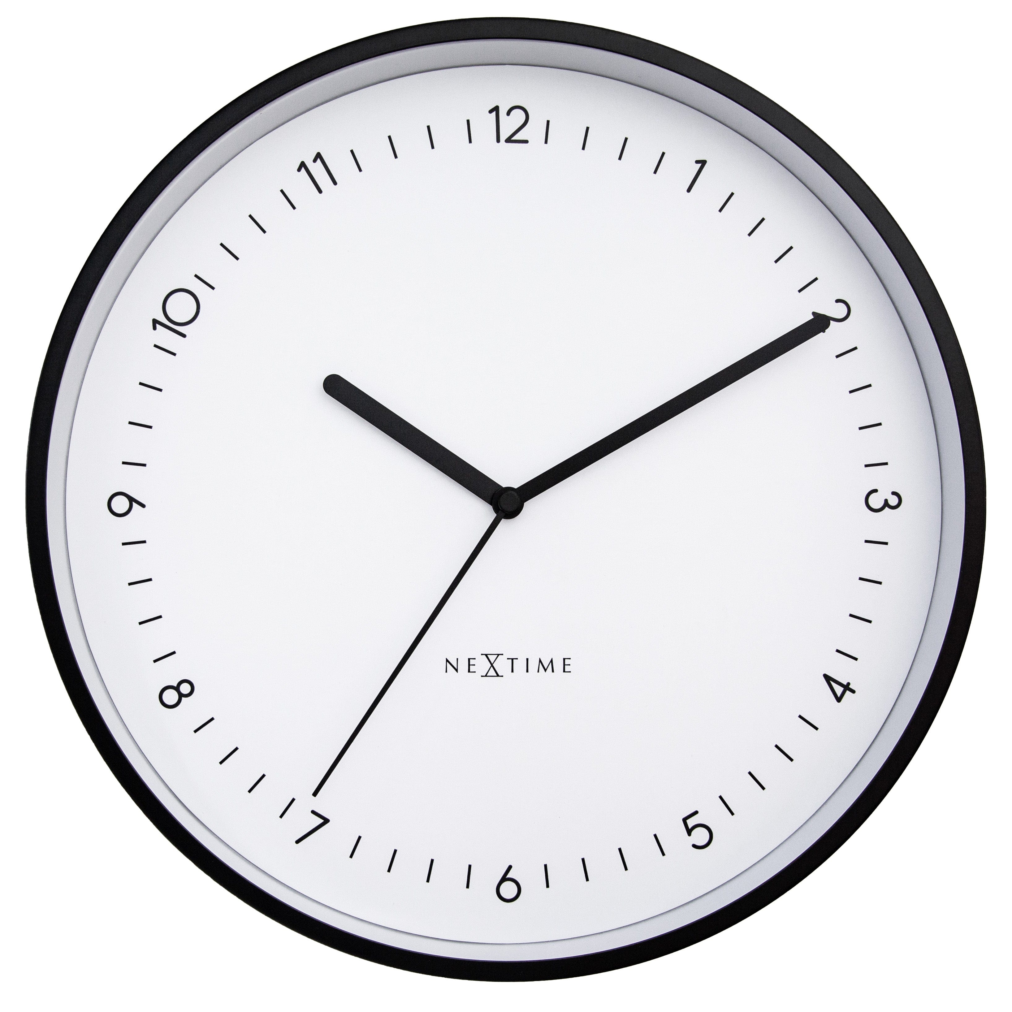 NeXtime Berlin wall clock, 30cm aluminum silent clock with black hands and minimalist design, mounted on a wall.